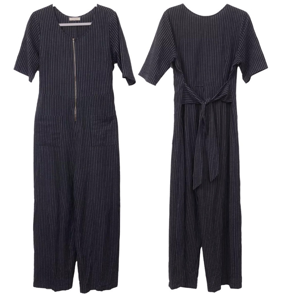 Polagram Black Stripe Full Length Jumpsuit Front Zip Pockets Back Tie Size M